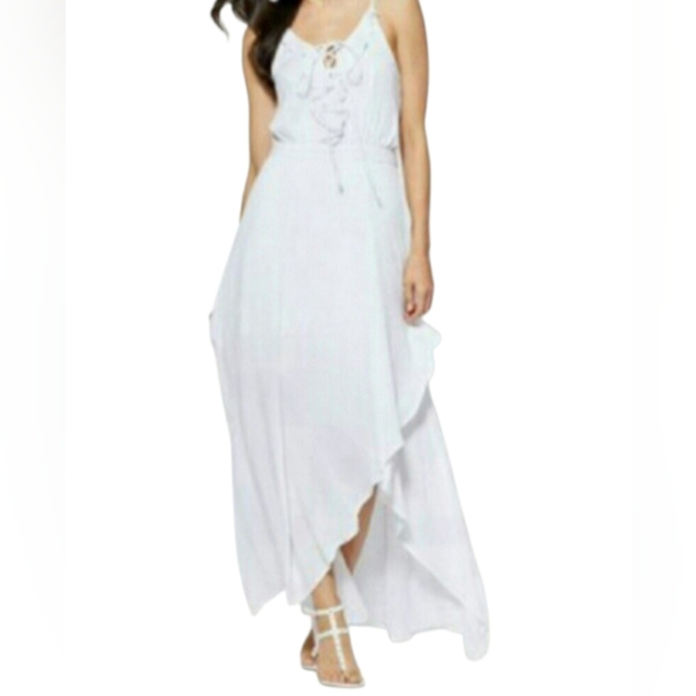 New York & Company White Lace-Up High-Low Maxi Dress Sz.M EUC